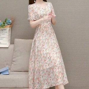 Short-sleeved V-neck mid-length breathable skirt